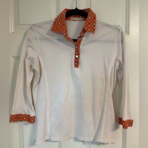 Y2k Henley Fairway & Greene White Orange Floral 3/4‎ Sleeve Polo Golf Shirt Sz S